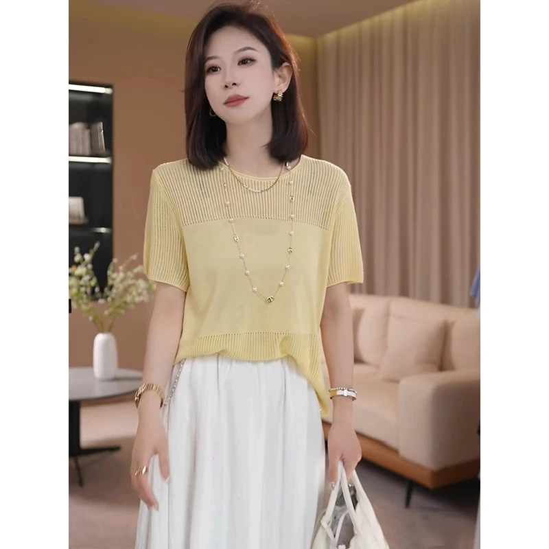 夏季镂空宽松显瘦圆领短袖罩衫女设计洋气冰丝凉感防晒针织衫上衣