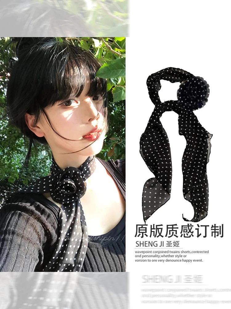 ins博主黑色波点玫瑰y2k长条丝巾不规则辣妹百搭千禧风领巾窄围巾