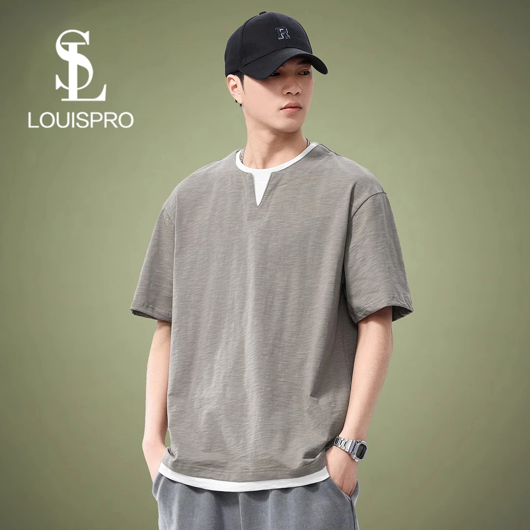 Louispro高端假两件日系复古T恤男2025夏季新款宽松休闲短袖男