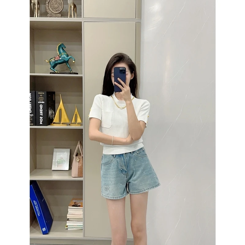 【165】新中式修身V领时尚显瘦百搭短款夏季休闲小众针织衫设计感