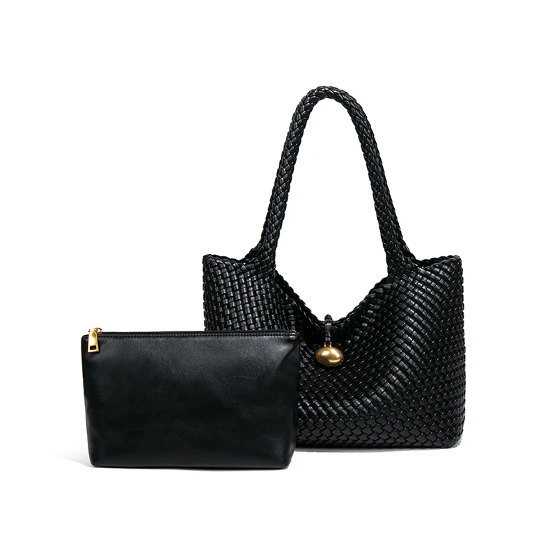 【高定】手工编织大容量托特电脑包鎏金软皮方包单肩包B2197-黑色