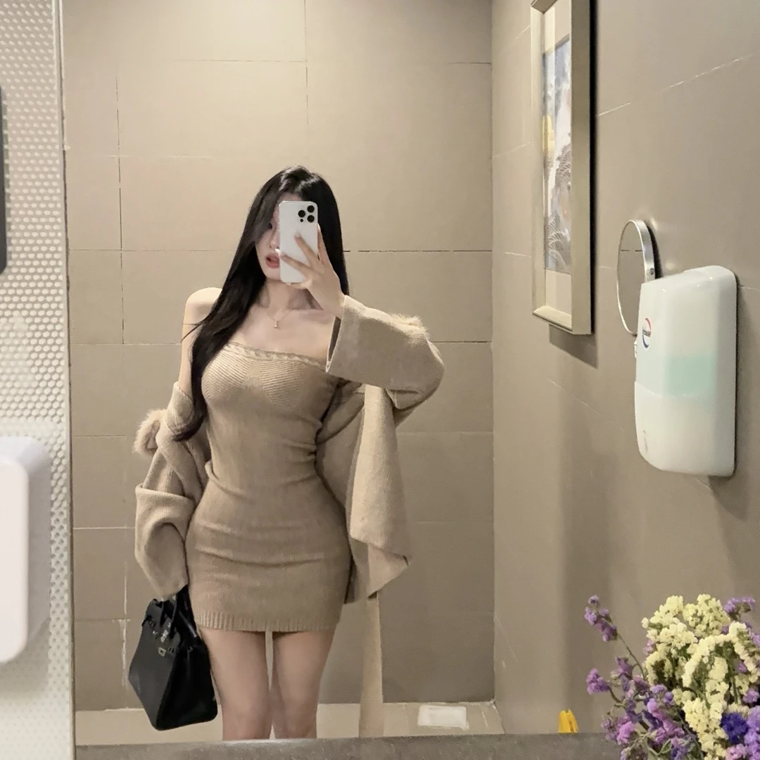 Genieeea吉妮的宝藏 韩系气质抹胸包臀连衣裙毛领针织开衫两件套