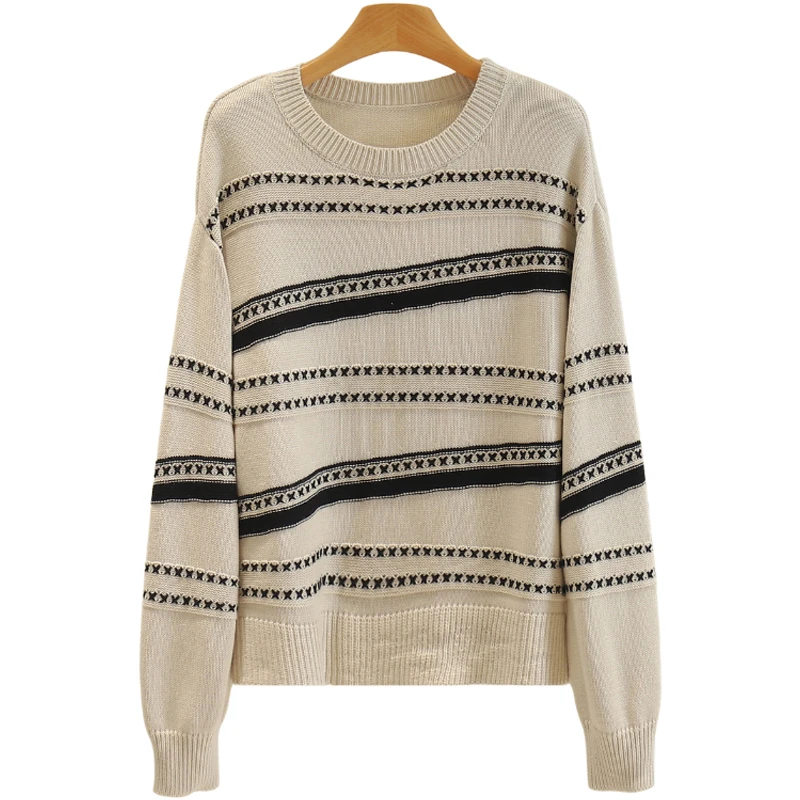 【伍莎-自营】慵懒风条纹宽松圆领百搭毛衣#MSF48M006