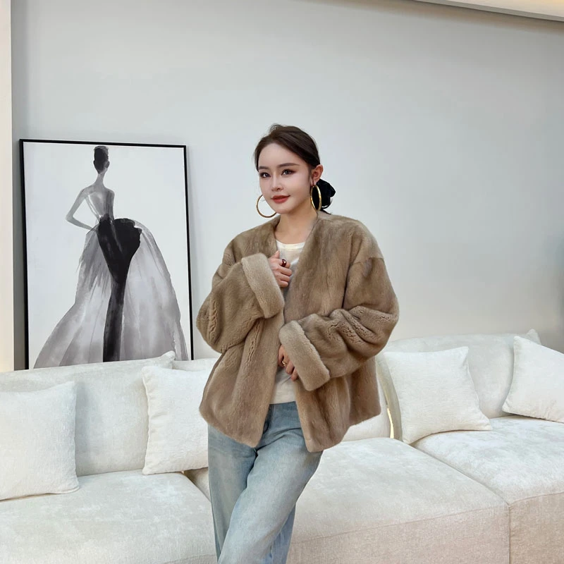 【可可】进口挽袖天鹅绒貂皮大衣