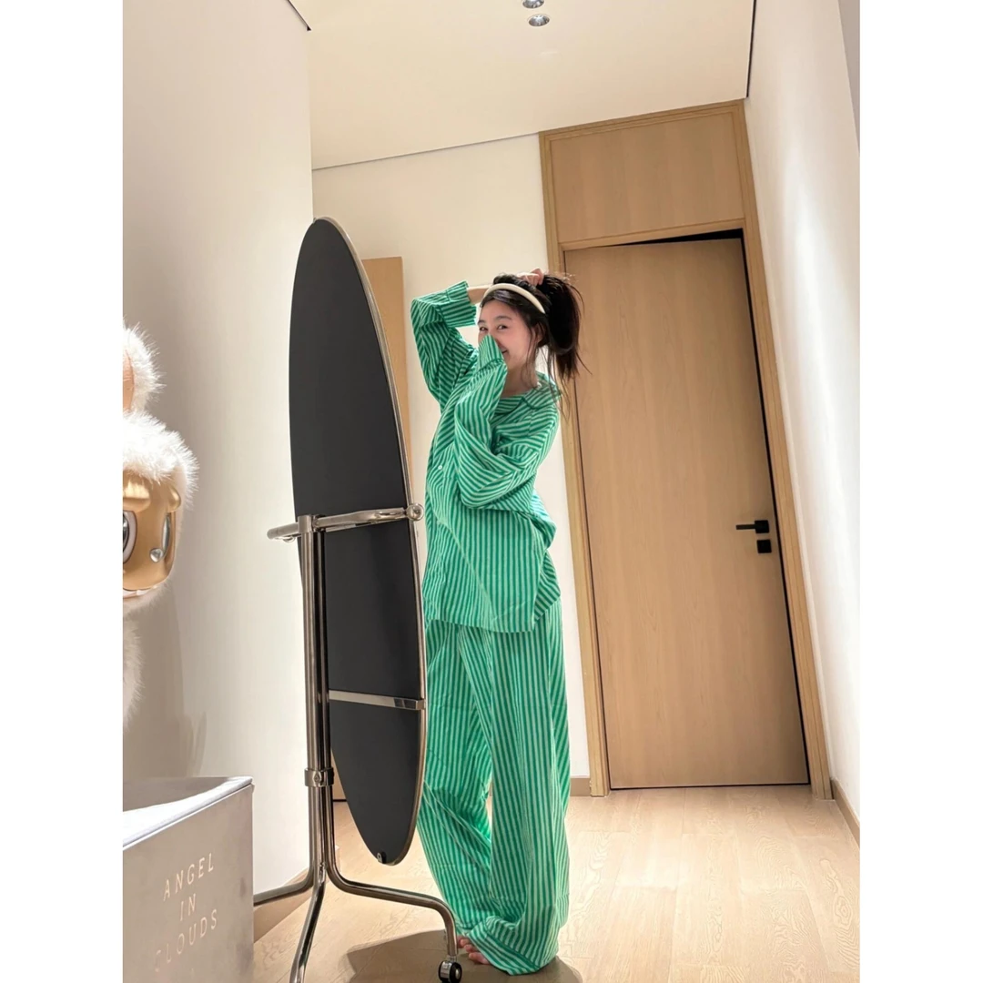韩版慵懒风清新条纹睡衣女款秋季2025新款长袖长裤家居服套装外穿