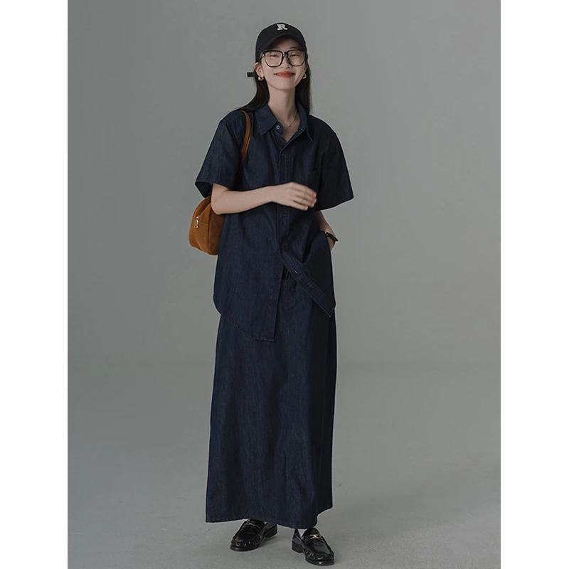 高级感盐甜系短袖牛仔连衣裙子女夏季学院风收腰显瘦气质法式长裙