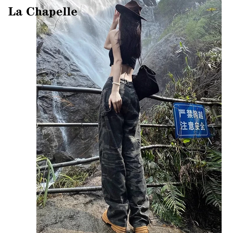 拉夏贝尔迷彩设计美式直筒工装裤女2025春秋款高腰宽松辣妹休闲裤