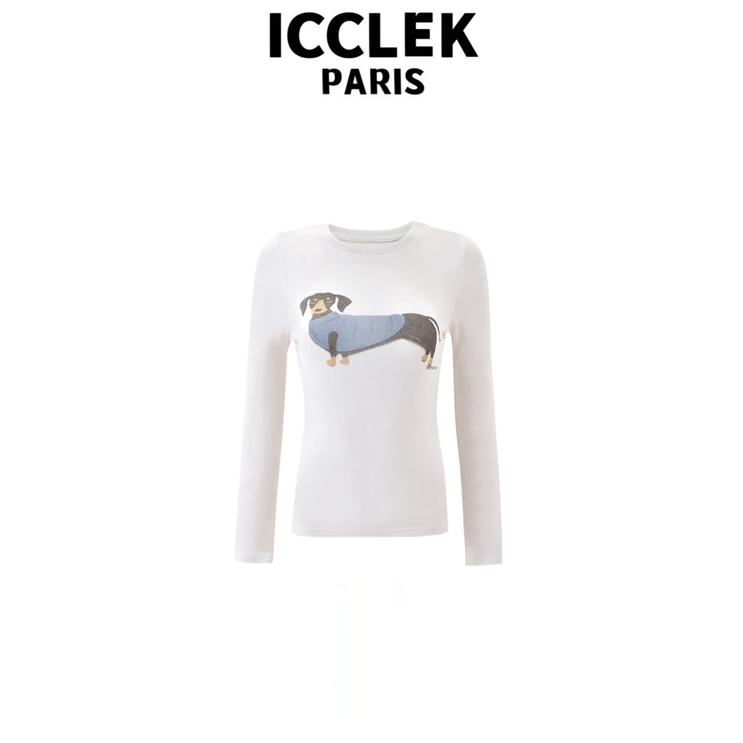 ICCLEK 白色卡通小狗气质轻奢名媛百搭显瘦秋季圆领上衣打底-9059