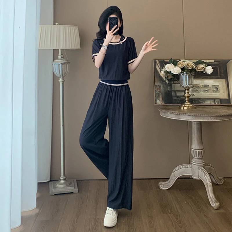 女夏新款小个子时尚休闲套装欧货纯色圆领拼接上衣高腰长裤两件套