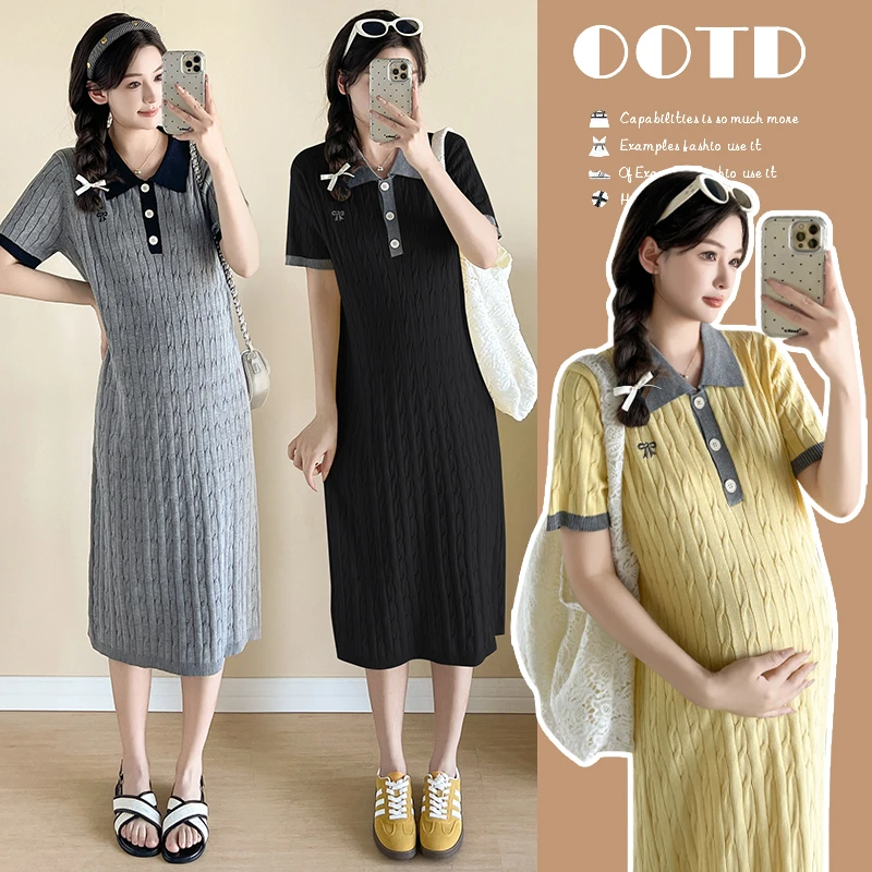 R769#5.8 孕妇夏装POLO领针织孕妇裙子花长款孕妇装