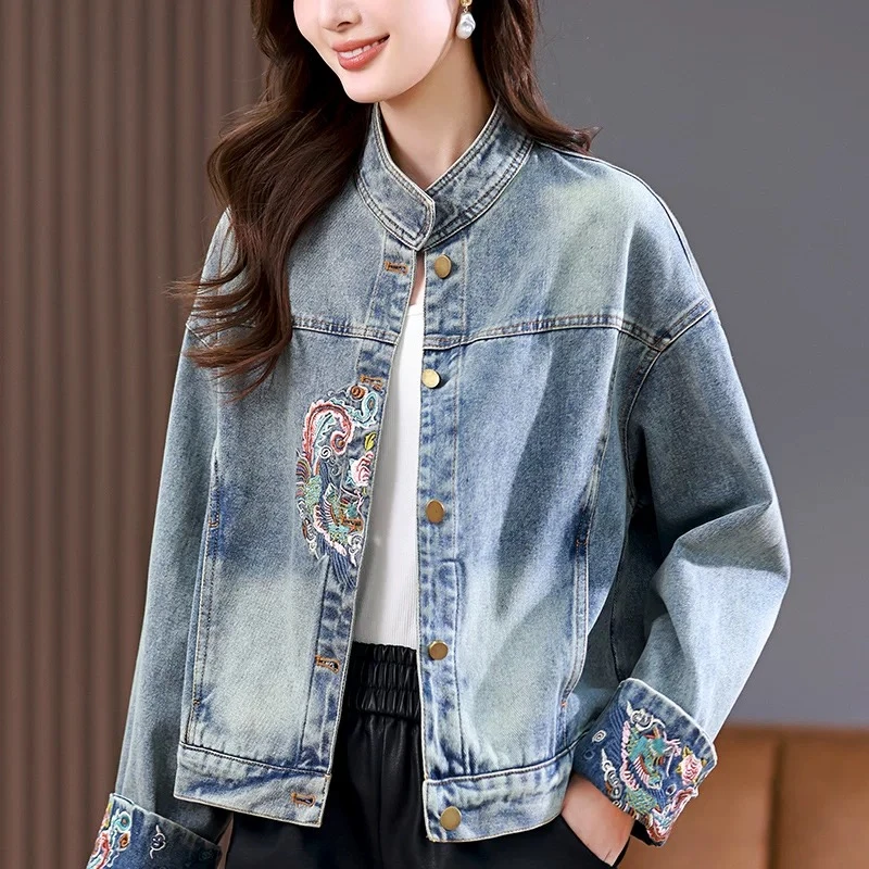 牛仔外套女早春秋2025年新款小个子休闲大码新中式轻国风刺绣上衣