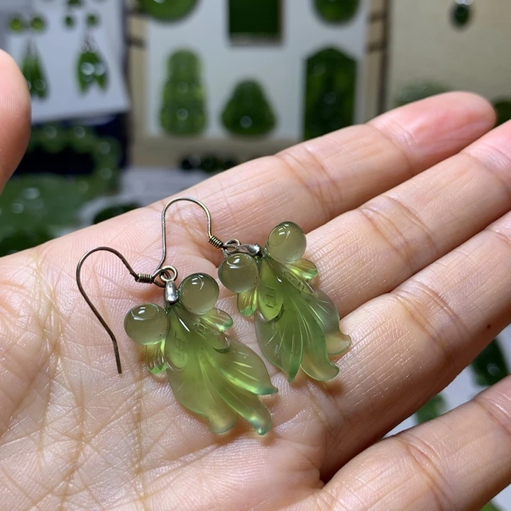 岫玉耳环银S925镶嵌耳环