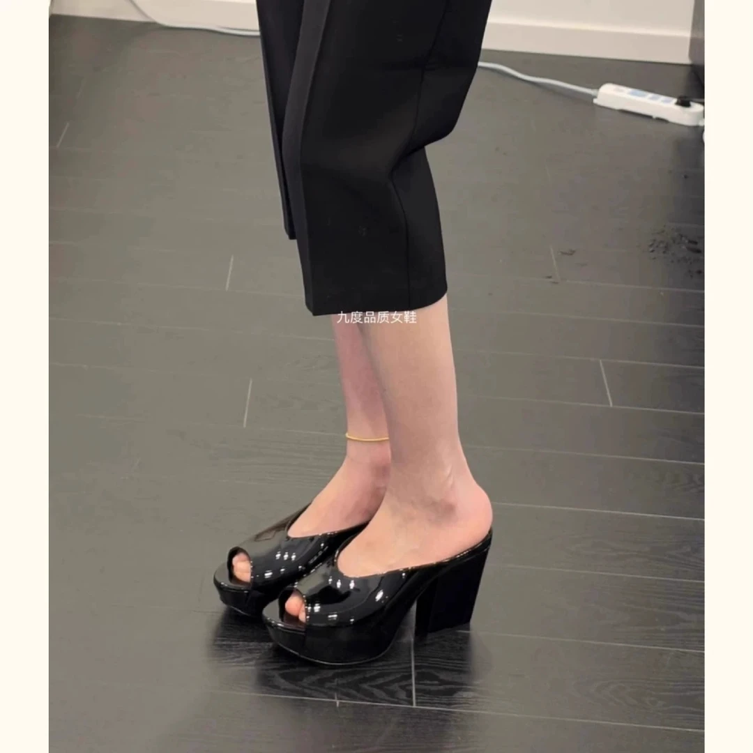 牛皮版~简约鱼嘴露趾粗跟增高凉鞋女25年夏季新款休闲外穿高跟鞋