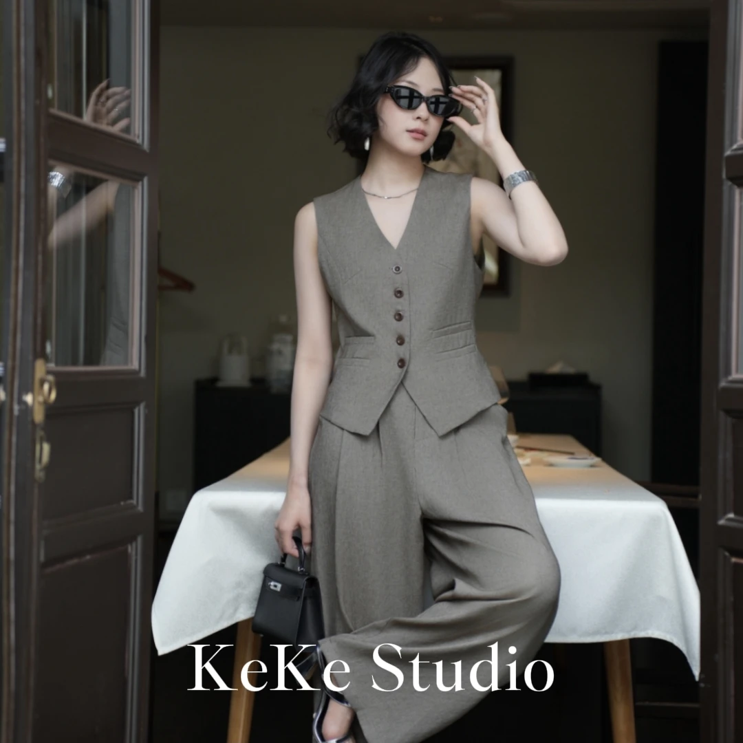 KeKe【茶叙时光】高级感老钱亚麻休闲无袖简约夏季时尚套装