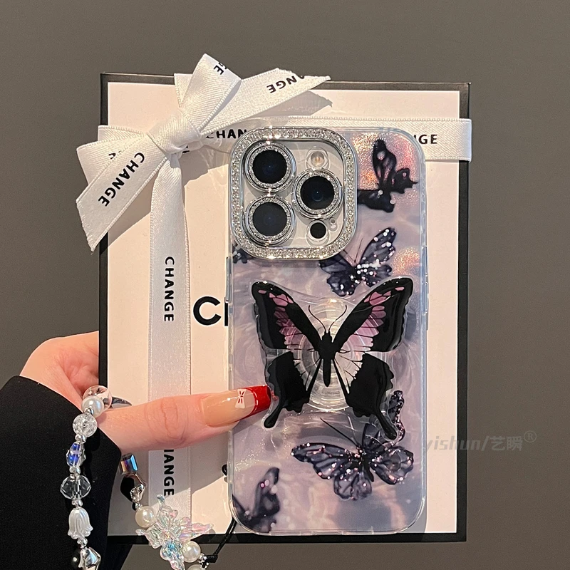 清透感水波纹黑蝴蝶14适用苹果16promax手机壳新款iphone15promax