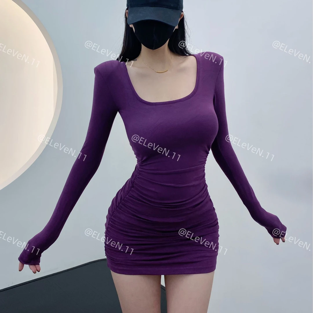 纯欲风方领带胸垫长袖连衣裙女褶皱收腰修身露背包臀裙辣妹短裙