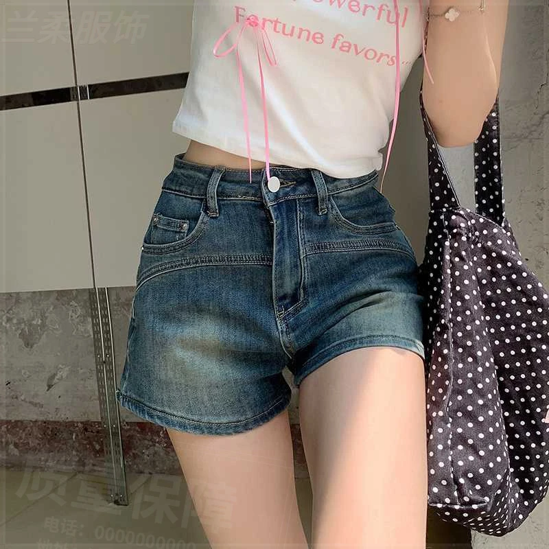 裤子烟管裤甜显瘦后提臀线条牛仔热裤女宽松居家美式复古破洞短裤