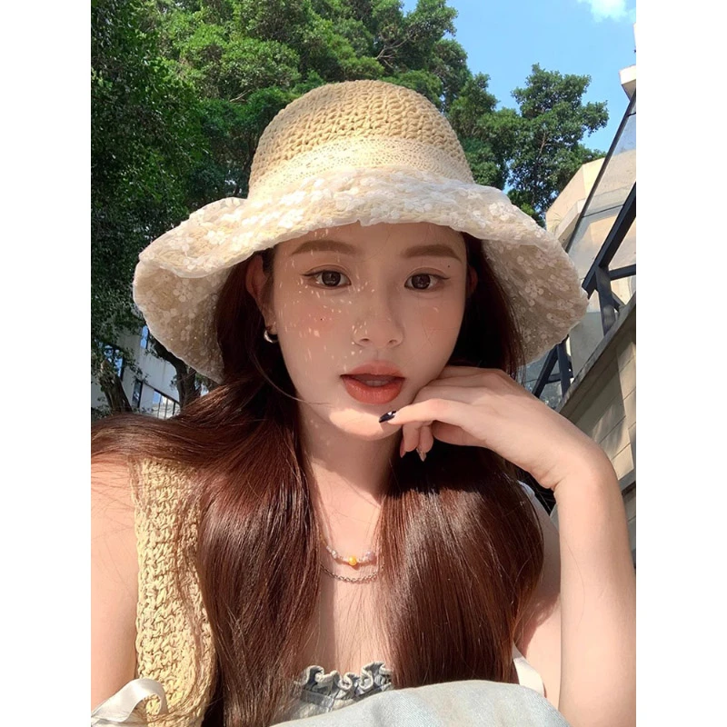 草帽女新款日系小清新蕾丝草编帽子夏季出游防晒帽大檐沙滩遮阳帽
