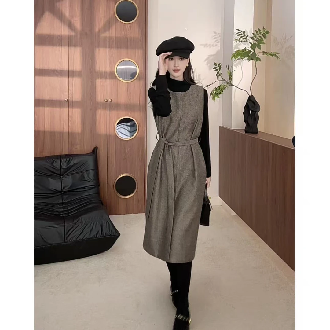 2025春秋款马甲连衣裙修身显瘦人字纹时尚百搭