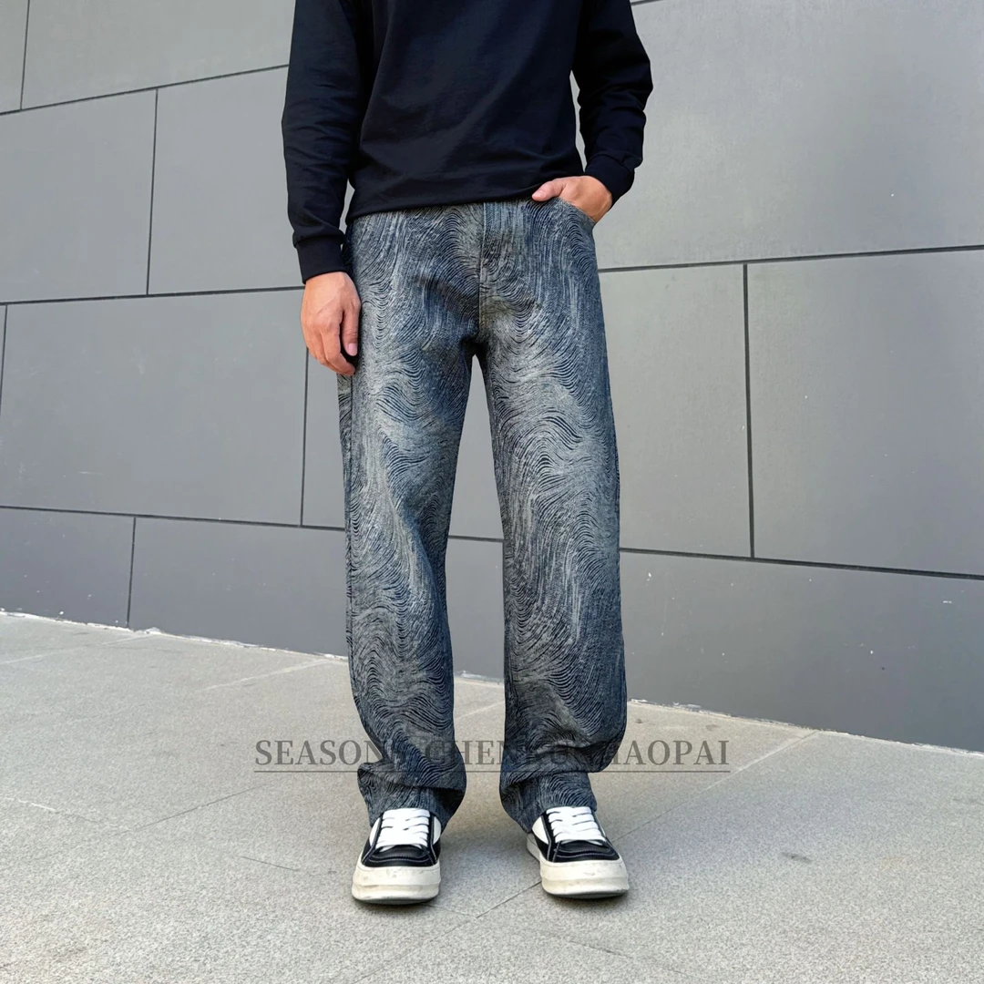 2025秋冬新款美式休闲拉链提花牛仔裤男式高街时尚百搭潮流