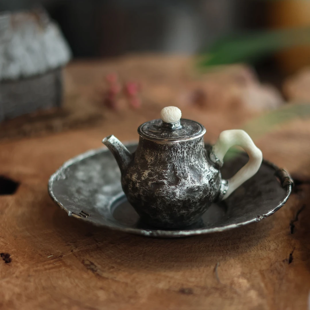 【夷嘉茗友】正把银壶。999银壶。泡茶复古侘寂，把手直播间指定为准