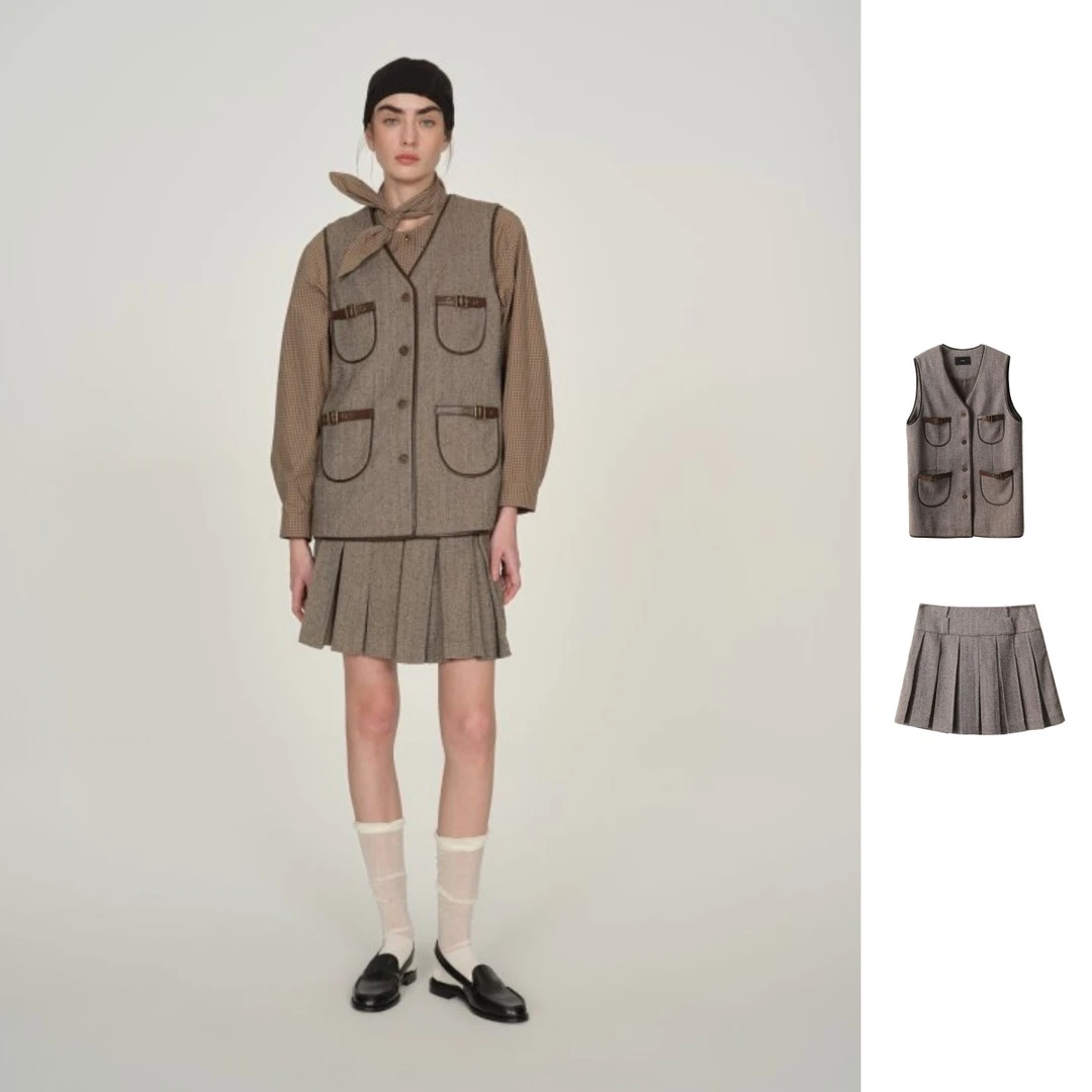 ICE   25秋季新品短裙A型小香风裙百褶裙SK05/多口袋马甲VE02