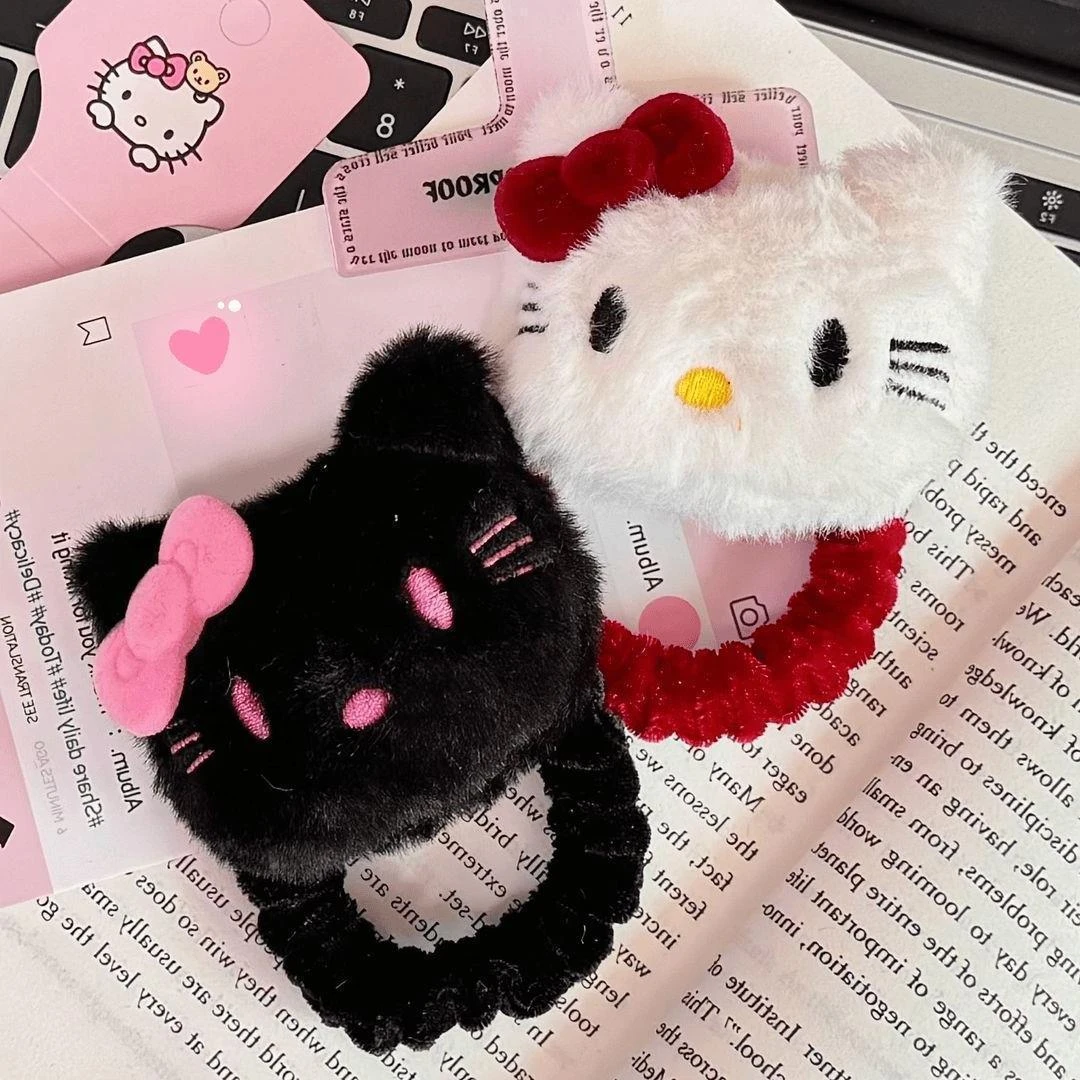 安可拉红黑粉配色毛绒Kitty发圈发绳发饰甜美可爱粉色蝴蝶结发饰