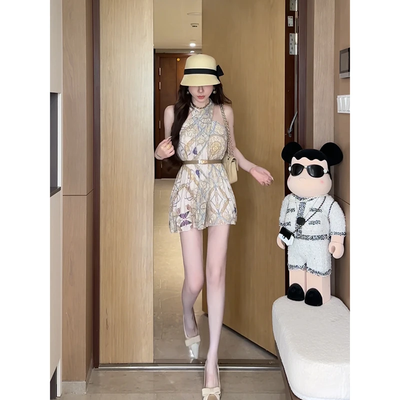 小雨姐姐【尼罗浮宫】时尚设计感交叉挂脖无袖修身印花连衣裙 腰带