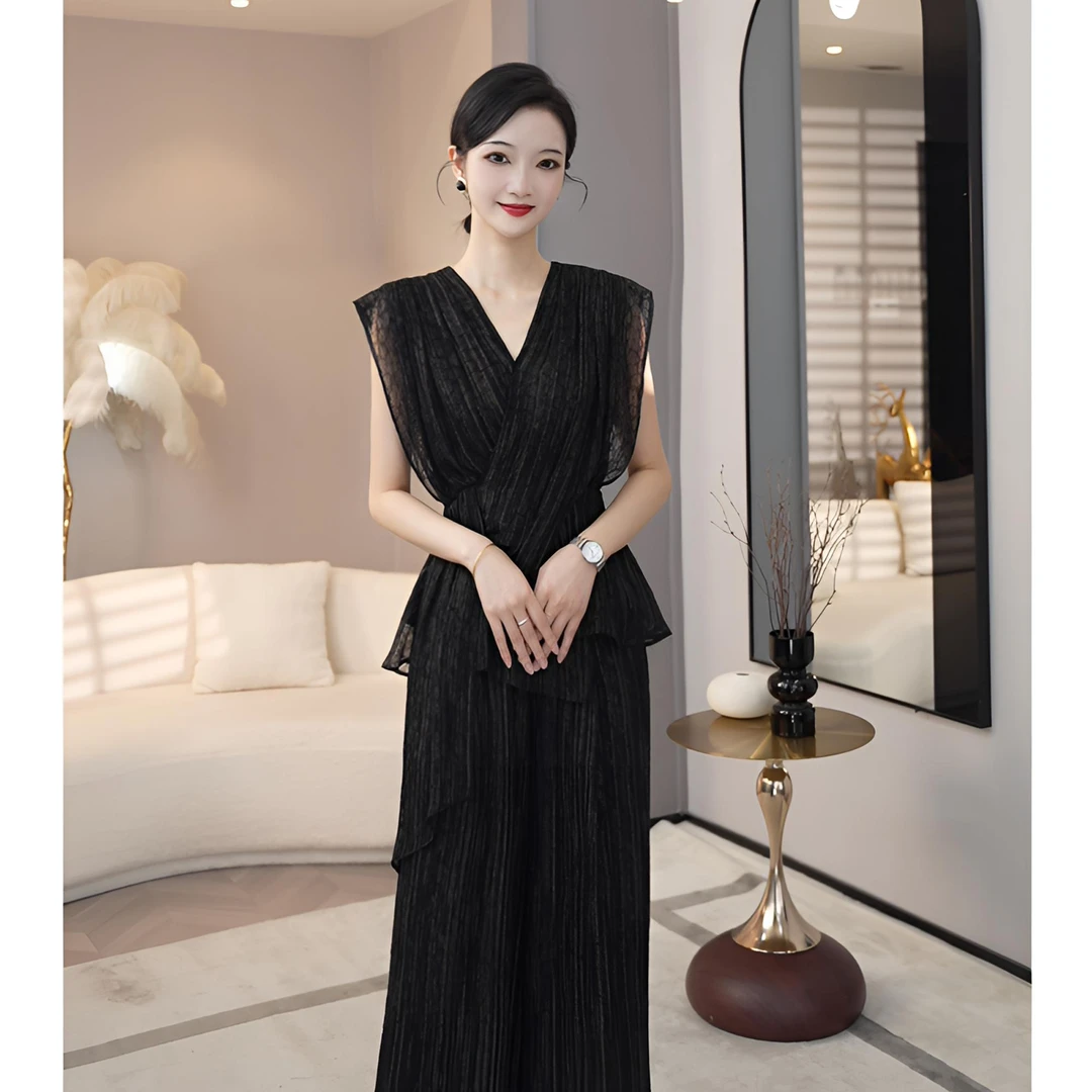 2025夏季新款【QQ-X1097】随性高级感绑带设计黑色无袖女装套装