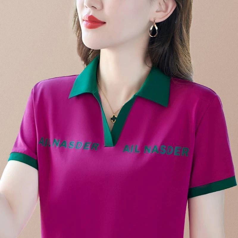805玫红色妈妈翻领短袖t恤女夏季2023新款polo中年休闲上衣大码