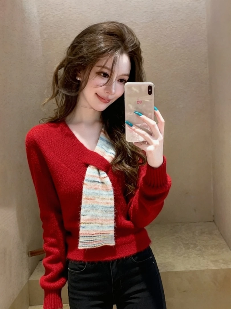 圣诞过年红色毛衣女冬季独特漂亮气质减龄巨好看假两件针织衫上衣