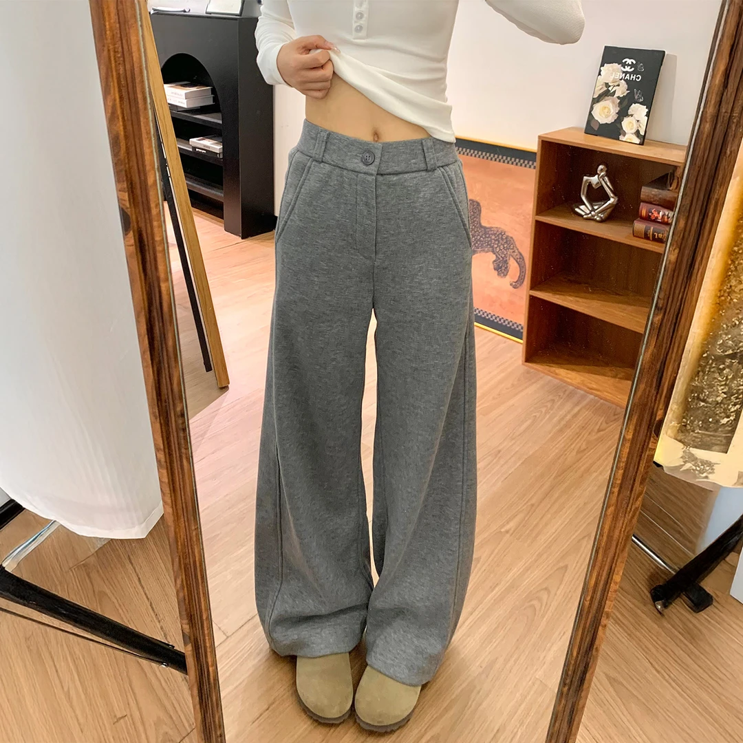 加绒加厚窄版灰色休闲裤女秋冬新款大码胖mm宽松慵懒显瘦阔腿卫裤