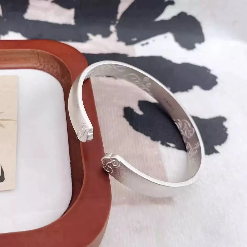 足银手镯17号链接足银999.9古法莲花祥云手镯立浮雕国风轻奢