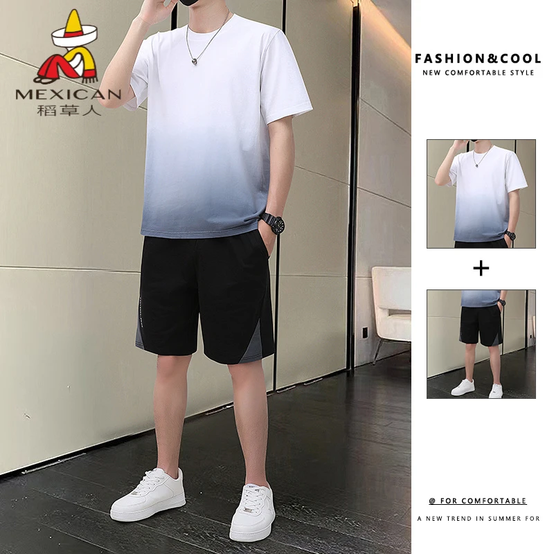 稻草人运动套装男夏季薄款速干休闲渐变冰丝透气短袖短裤两件套