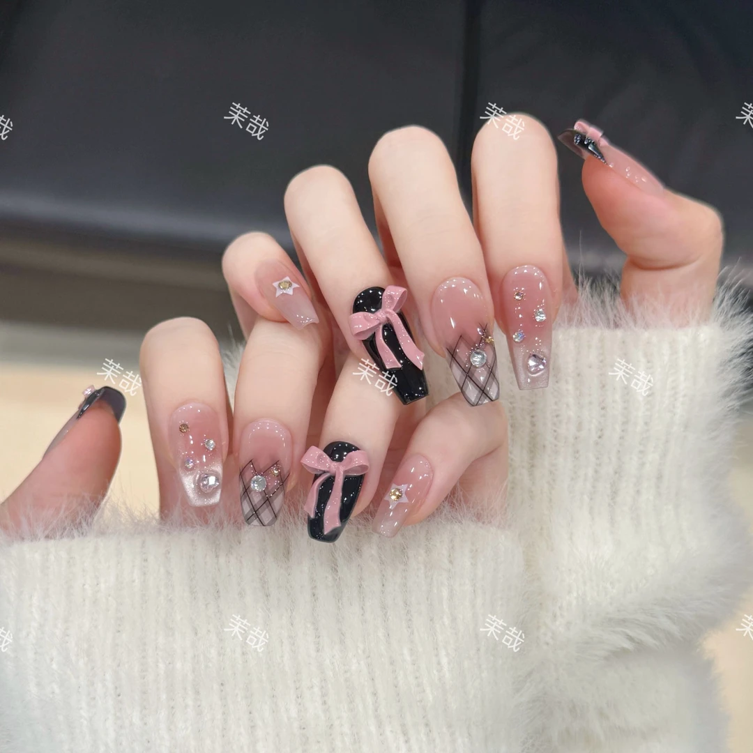 茉哉现货【黑莓粉黛】纯手工定制美甲拆卸穿戴甲A4032