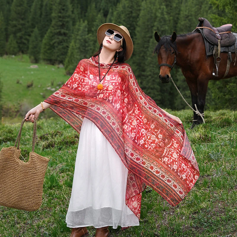 cocoa小苏红色花卉新疆草原沙漠旅游民族风围巾披肩外搭防晒丝巾