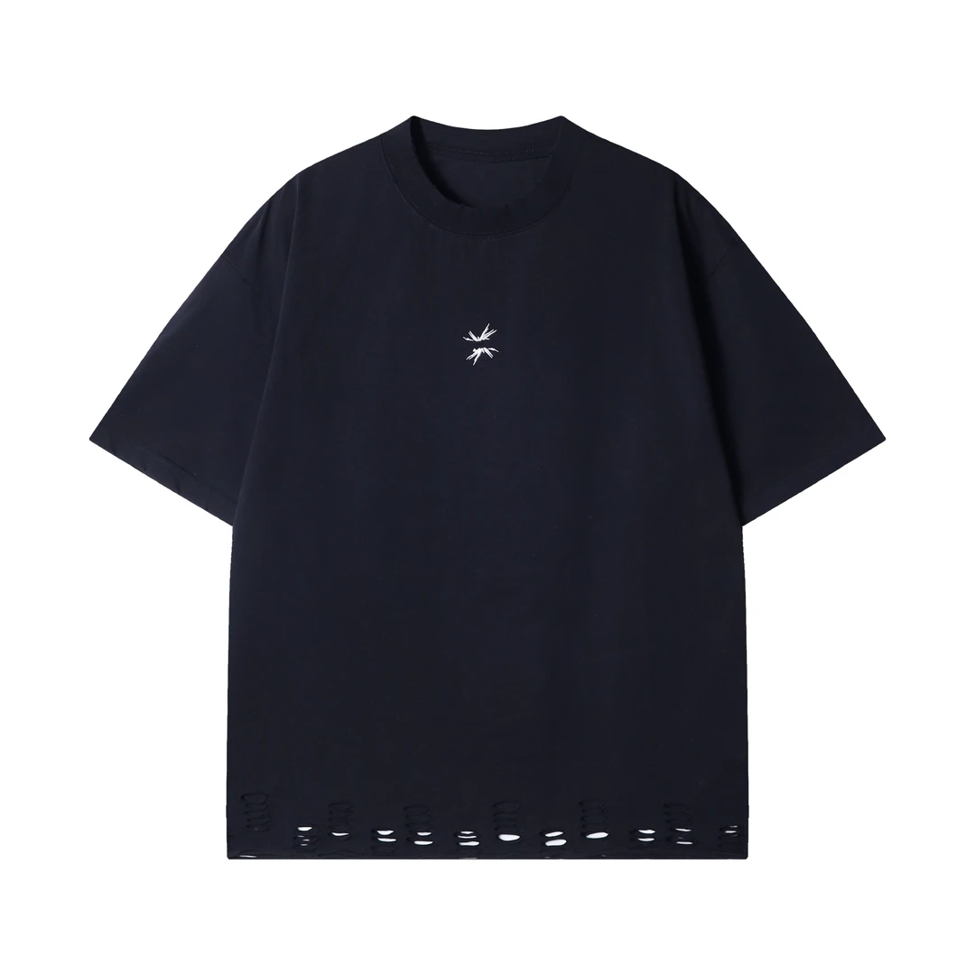 早春新款时尚个性休闲宽松破洞胸口印花百搭圆领小众设计短袖