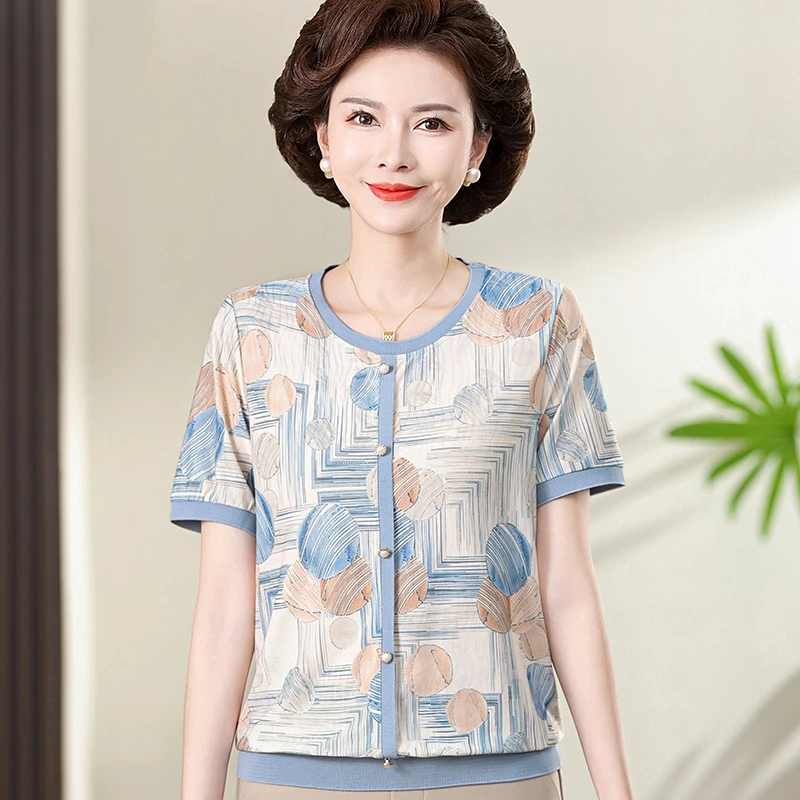 妈妈洋气短袖T恤中老年人女装宽松上衣奶奶夏装大码冰丝两件套装