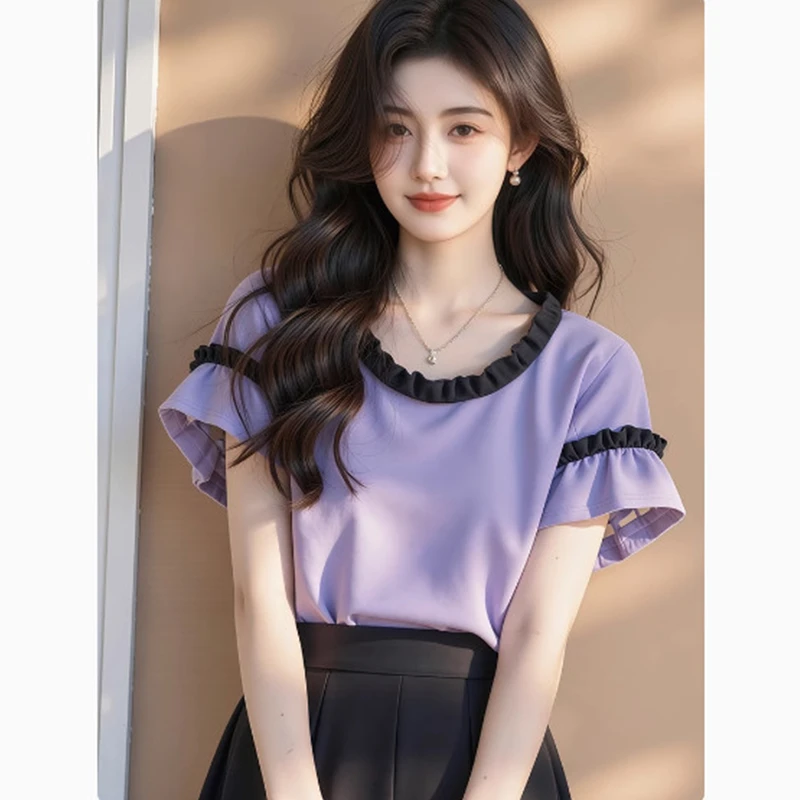 紫色短袖T恤女款2025新款夏季爆款独特漂亮超好看木耳边短款上衣