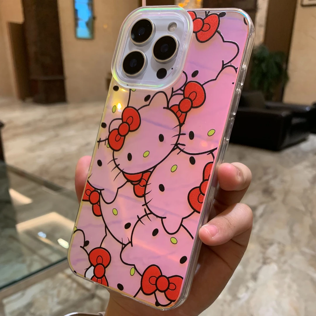 满屏线条KT猫适用苹果16promax手机壳iPhone15/14高透tpu镭射防摔