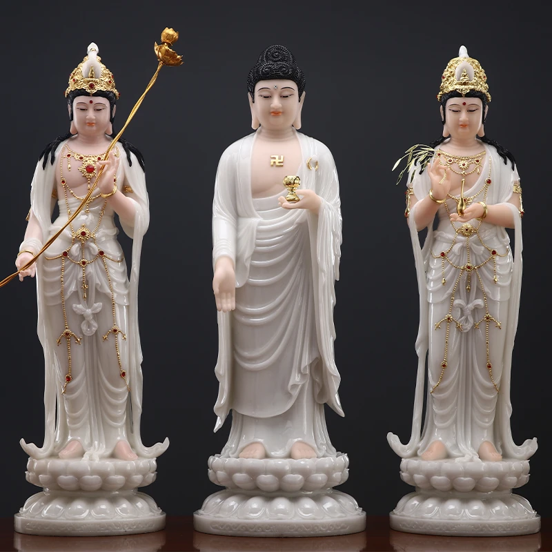 圆通仿汉白玉站姿观世音阿弥大势至西方三圣居家桌面阿弥陀佛神像