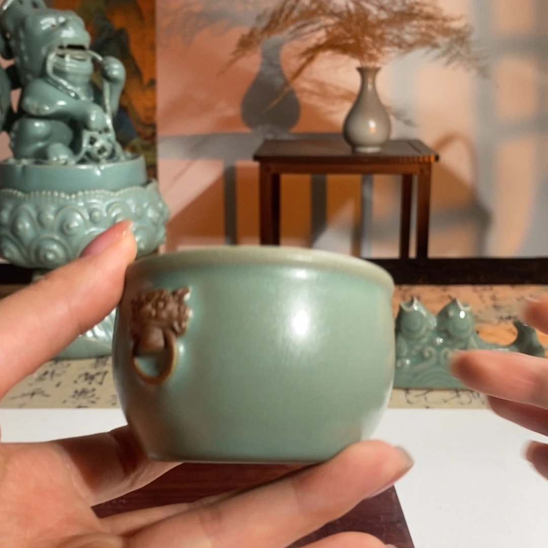 柴烧青绿虎头缸杯7.5cm