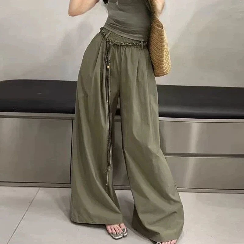 2025新款美式复古军绿色休闲裤女宽松显瘦百搭直筒阔腿拖地长裤子