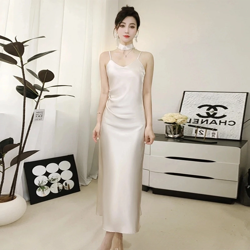 【可调节肩带+送飘带】夏季缎面连衣裙女显瘦法式轻奢气质吊带长裙