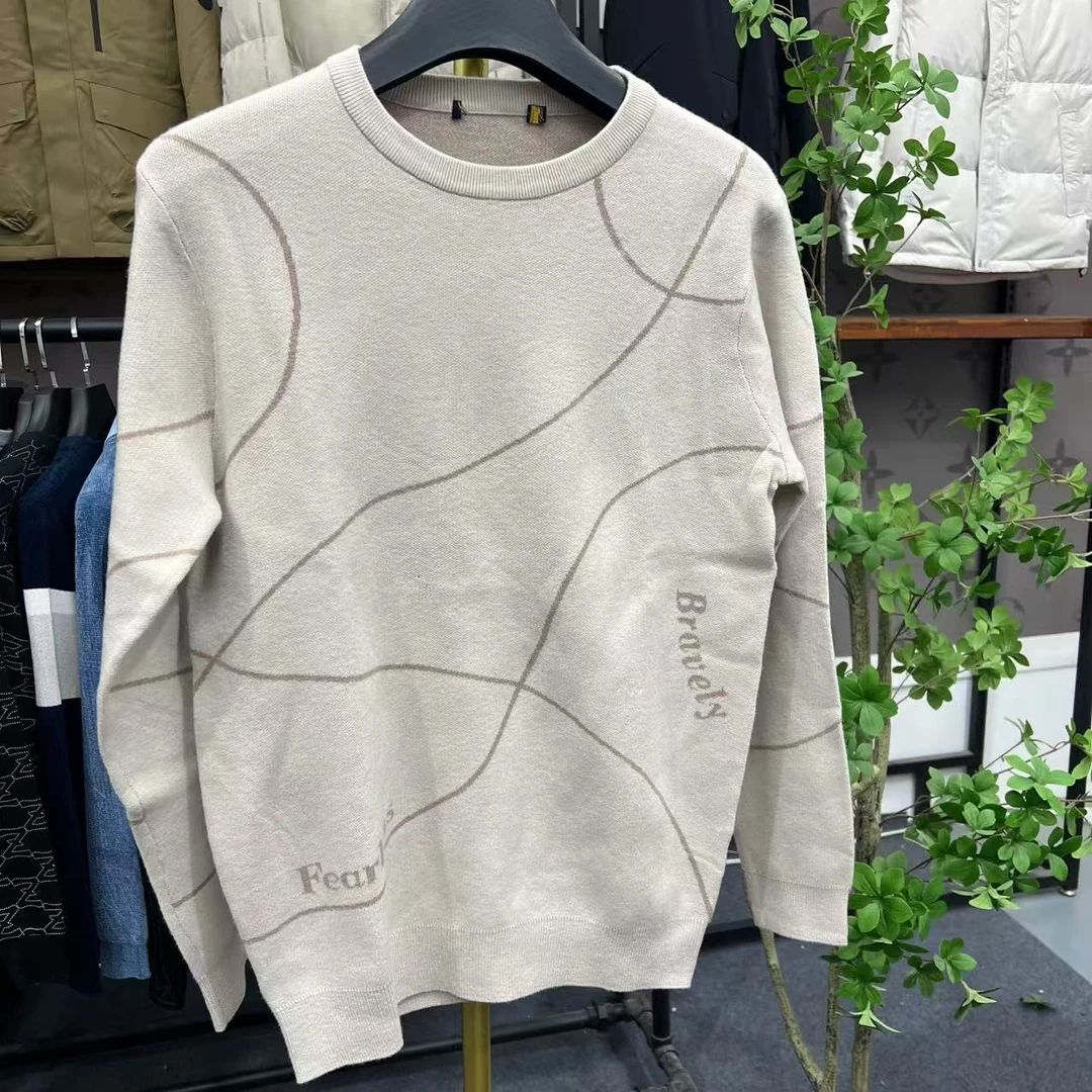 H-新款男士秋冬款卡其色暗花纹圆领毛衫休闲