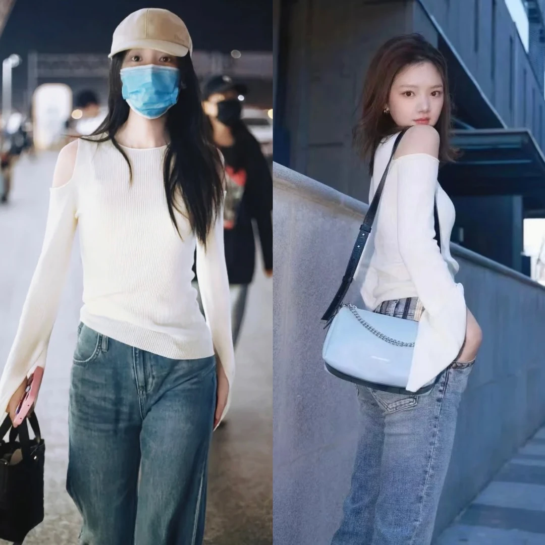 明星周也任敏同款白色露肩长袖针织上衣女早秋喇叭袖开叉打底衫潮