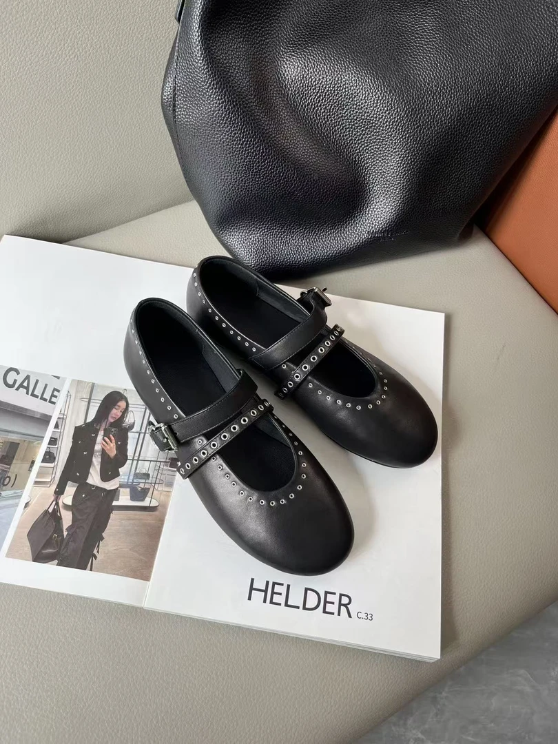 秋季新款复古头层牛皮时尚百搭气质女士软底铆钉浅口单鞋268-8