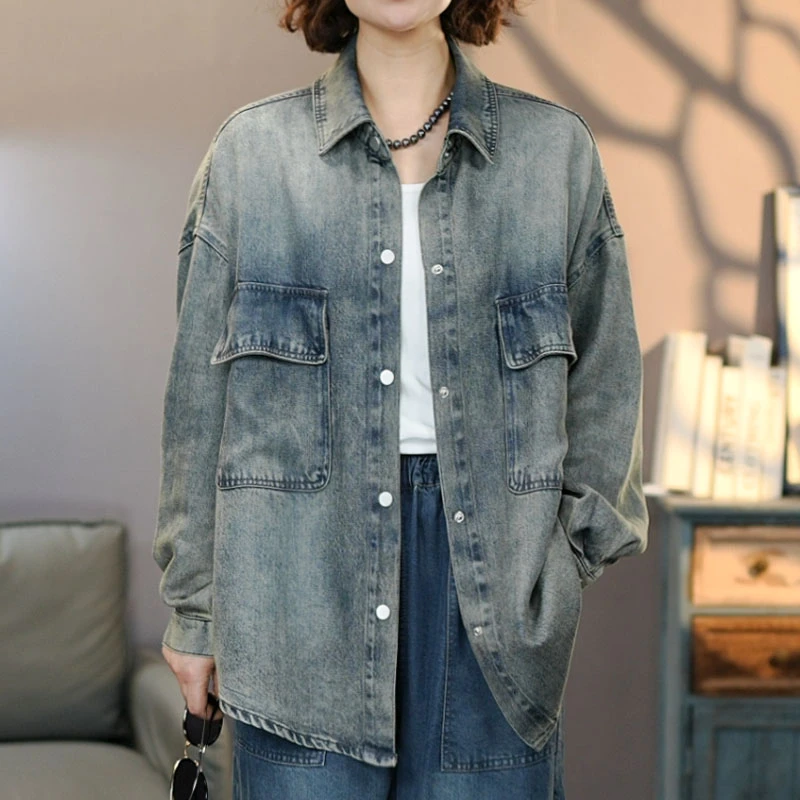 8778蓝牛仔外套女士中长款均码2025春季新款水洗上衣显瘦夹克