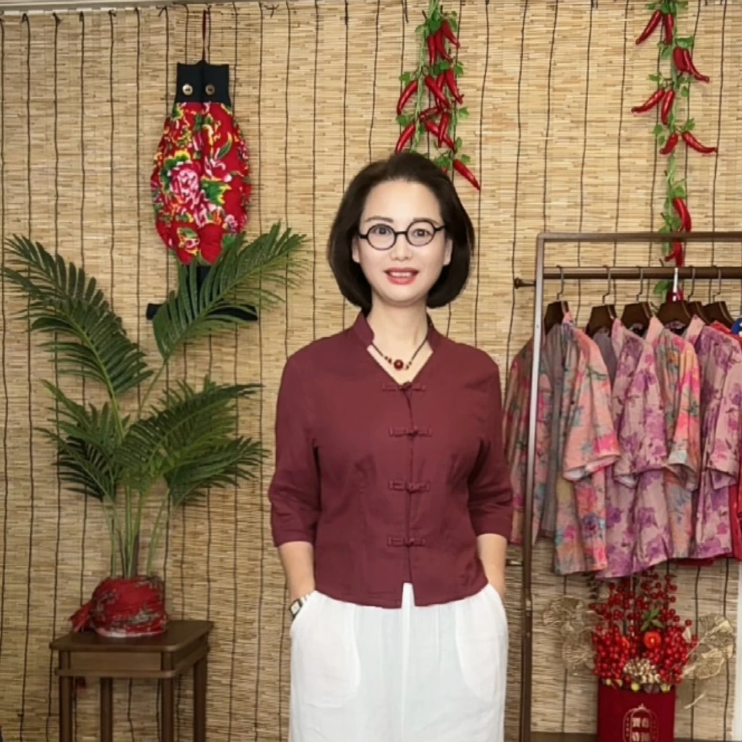 〈素雅春意2〉纯棉纯色素雅上衣旗袍领分袖单件上衣优雅妈妈装23810