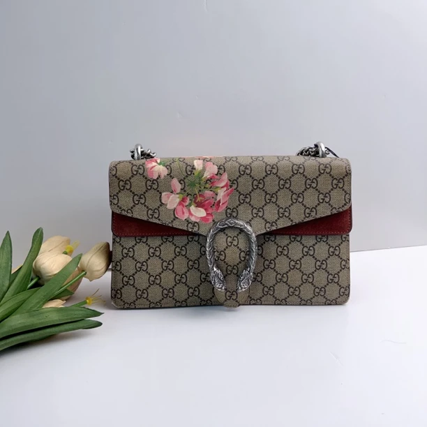 95新 GUCCI/古驰 古驰老花酒神花卉中号单肩包
